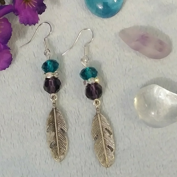 Feather Silver Charms Teal Blue Purple Earrings - Picture 1 of 3